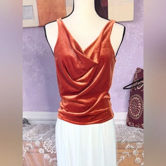 Striking Burnt Orange Velvet Cowl Neck Drape Top